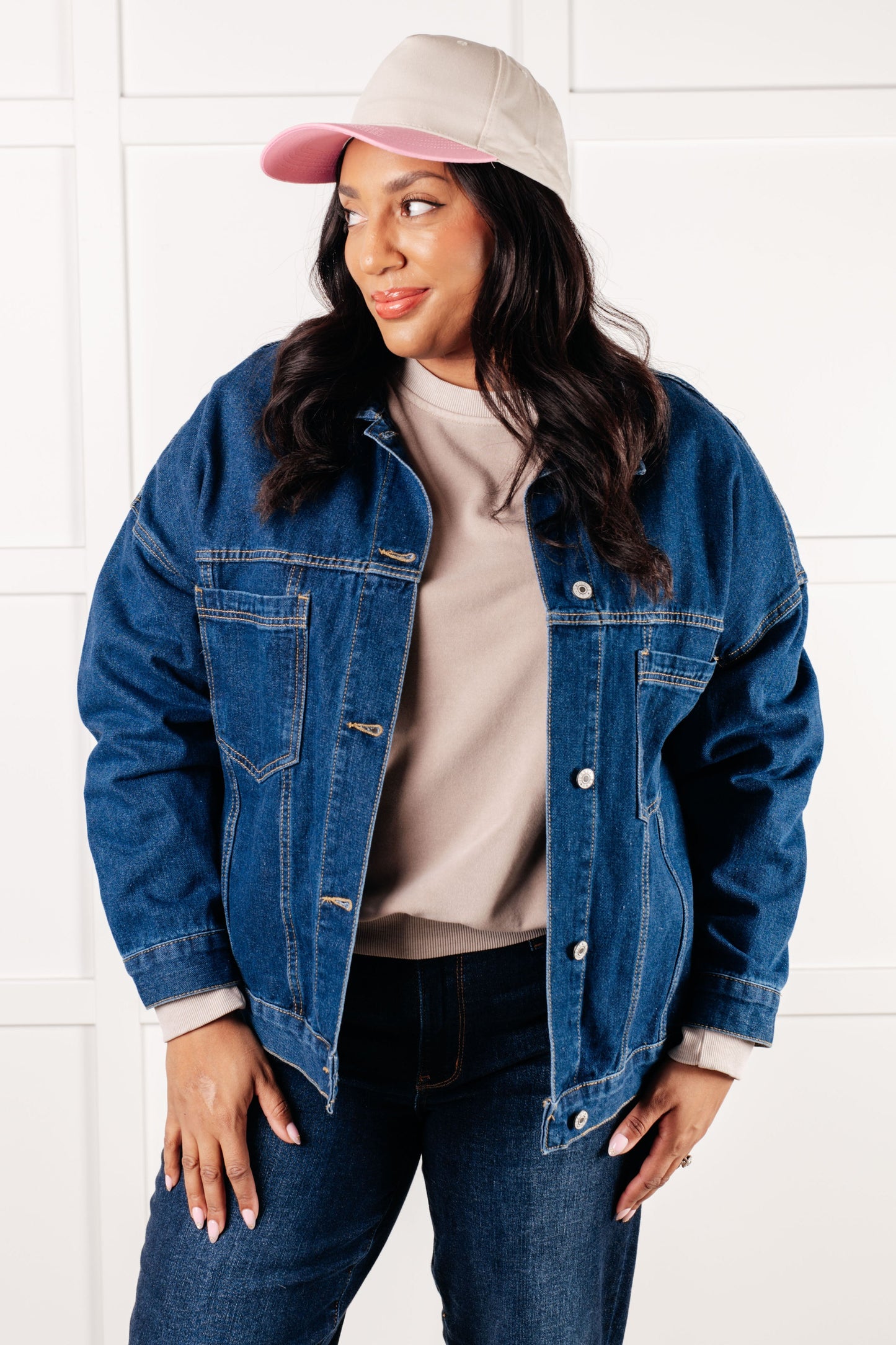 Portia Oversized Denim Jacket Plus front view highlighting chest patch pockets and collared neck