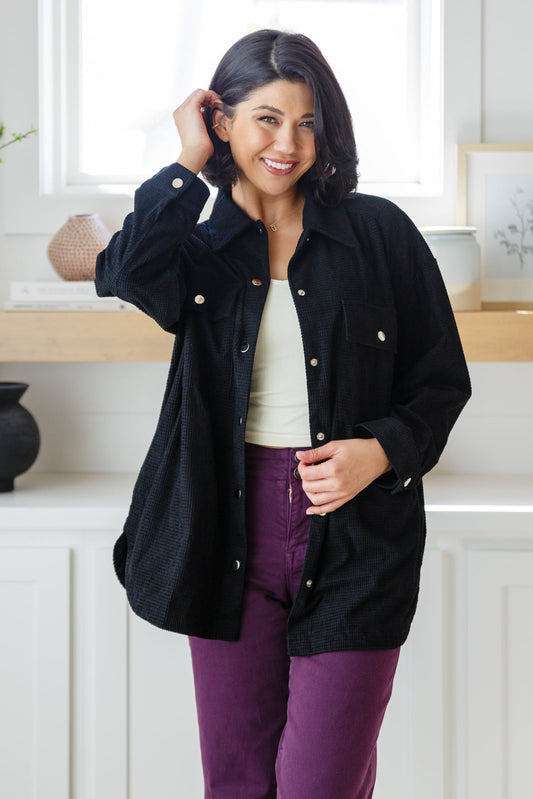 Front view Alanna Button Down Top in black corduroy with snap front and collar