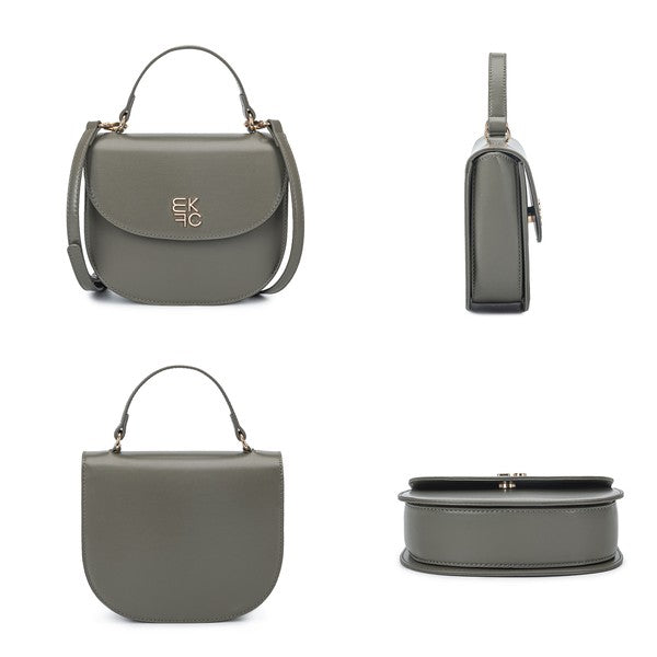 Collage showing front, back, side, and bottom views of olive Heloise Crossbody Bag in smooth vegan leather.