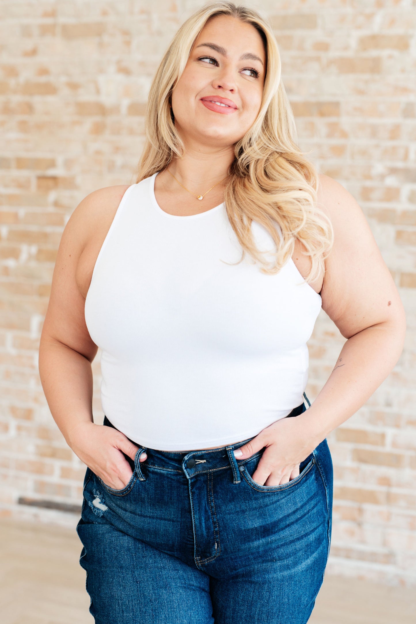 Plus size Dora white rib knit crop tank front view, chic & comfy fit.