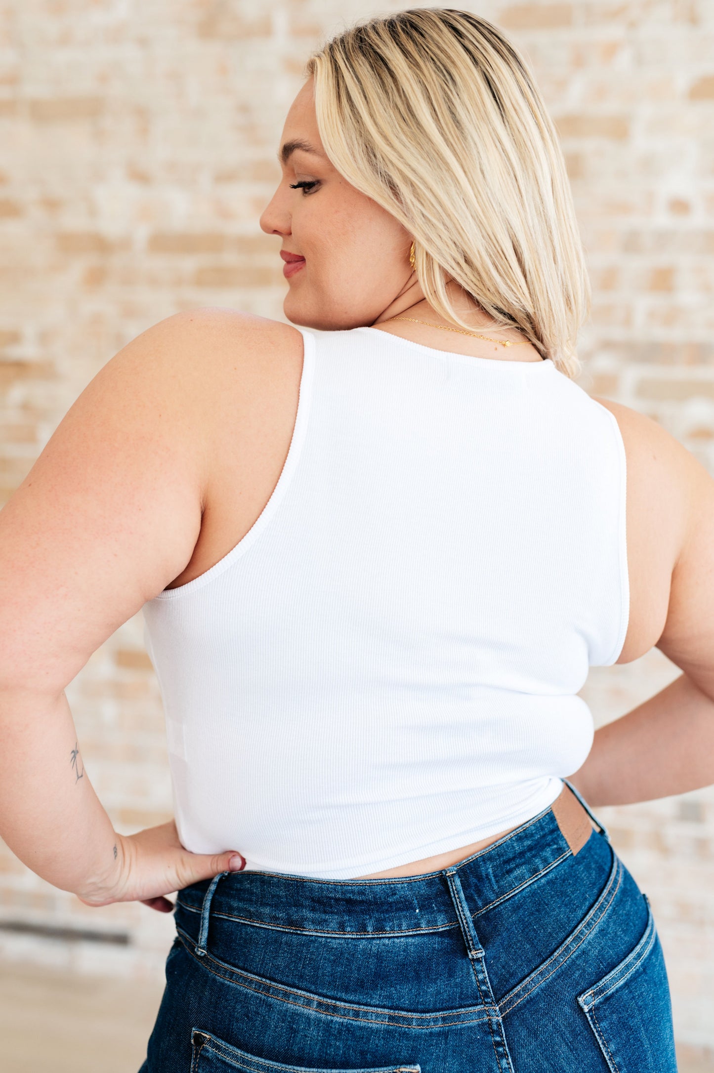 Plus size Dora white rib knit crop tank back view, flattering cropped fit.