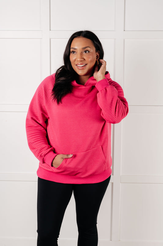 Miley Textured Hoodie in Rose Plus front view showing textured knit and ribbed cuffs
