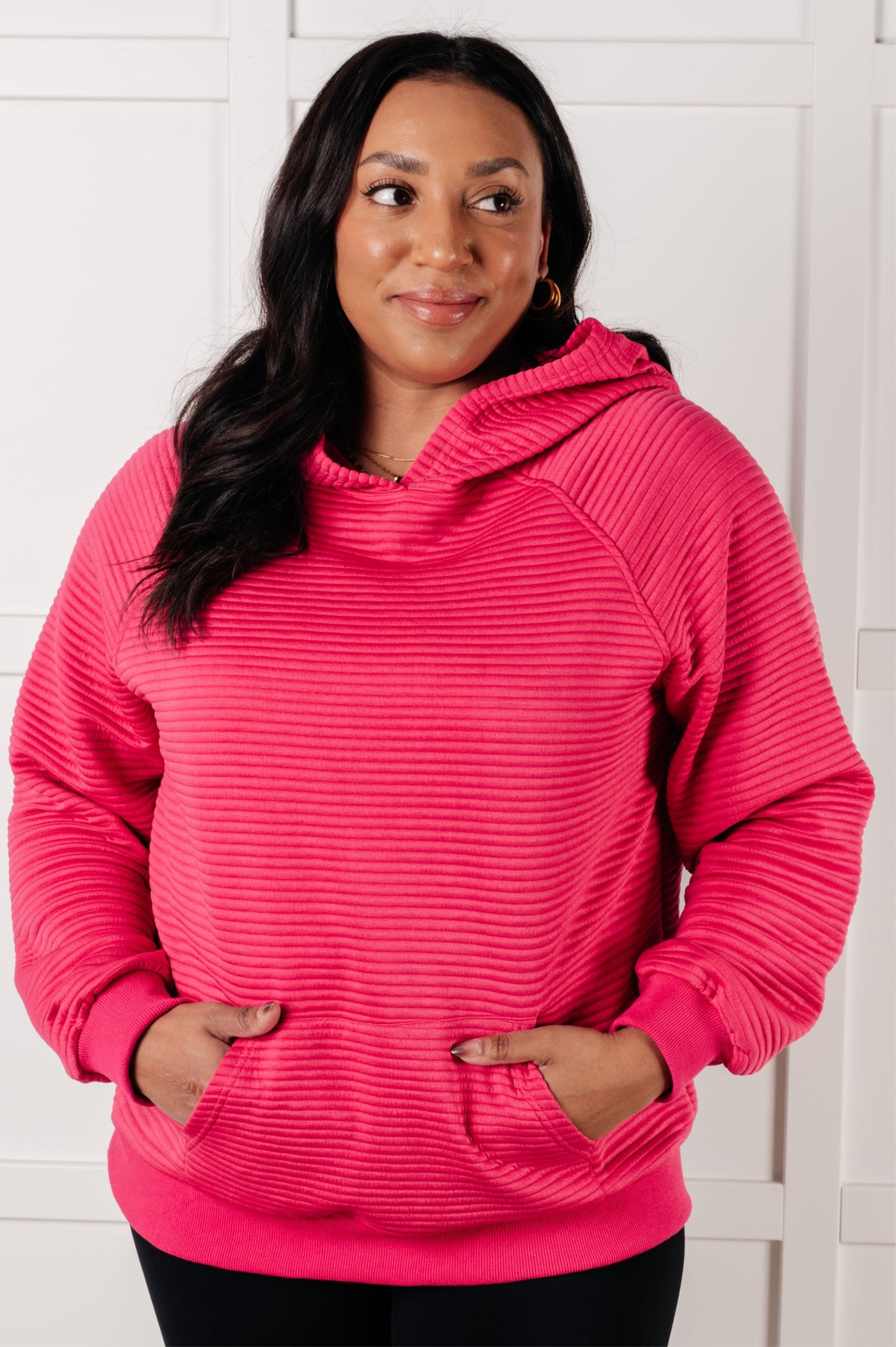 Miley Textured Hoodie in Rose Plus front view with hood and raglan sleeves
