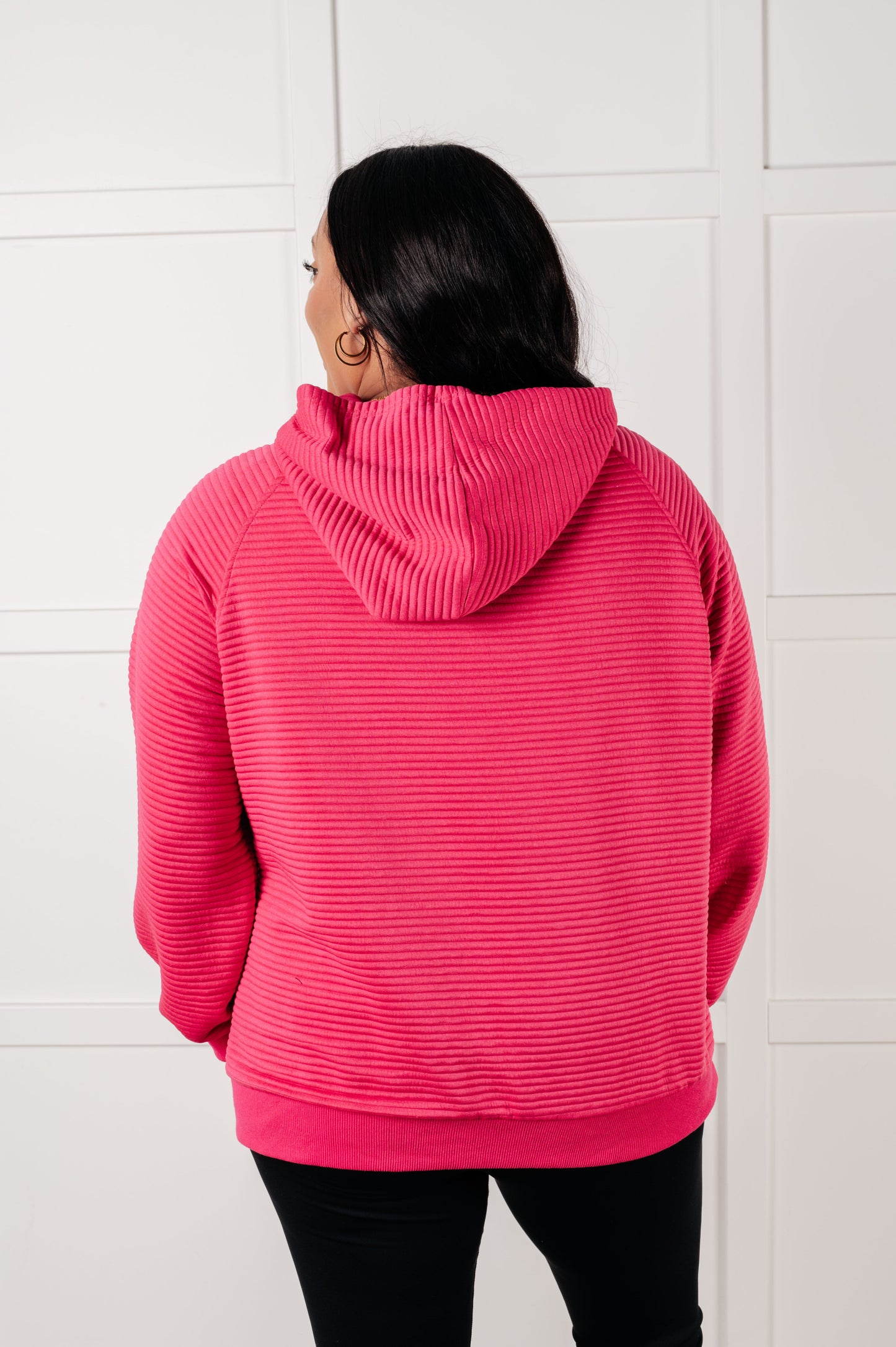 Miley Textured Hoodie in Rose Plus back view showing hood, ribbed hemline, and relaxed fit