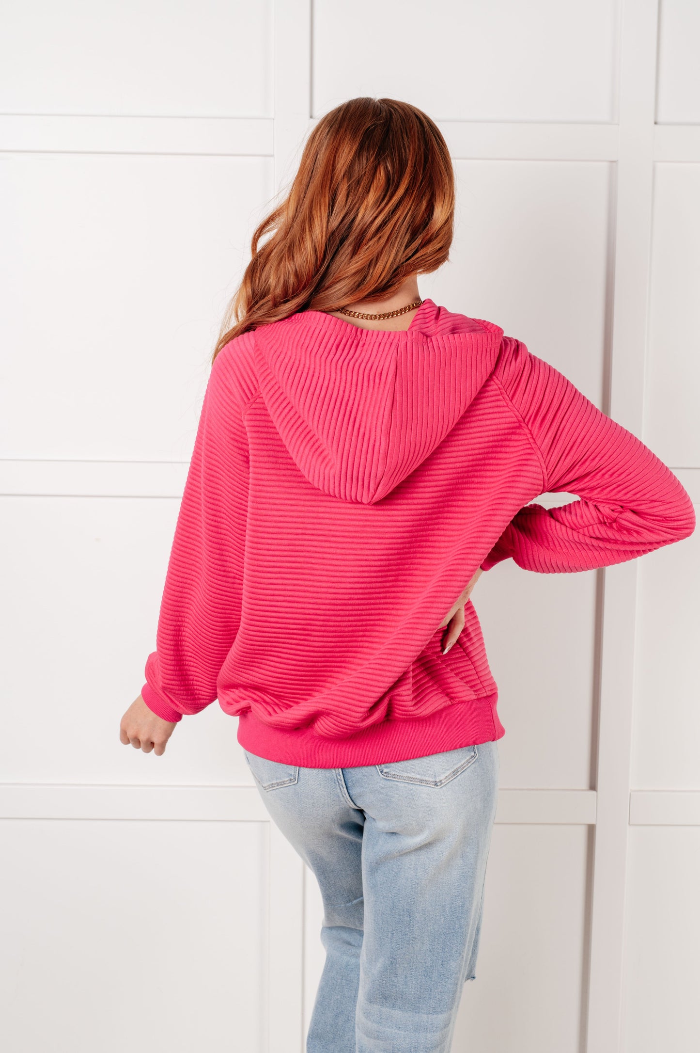 Miley Textured Hoodie in Rose back view showing hood and relaxed silhouette