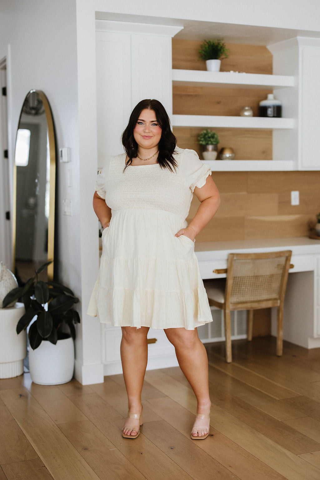 Plus size Kira dress with smocked bodice and open tie back – flattering fit and tiered cotton skirt.