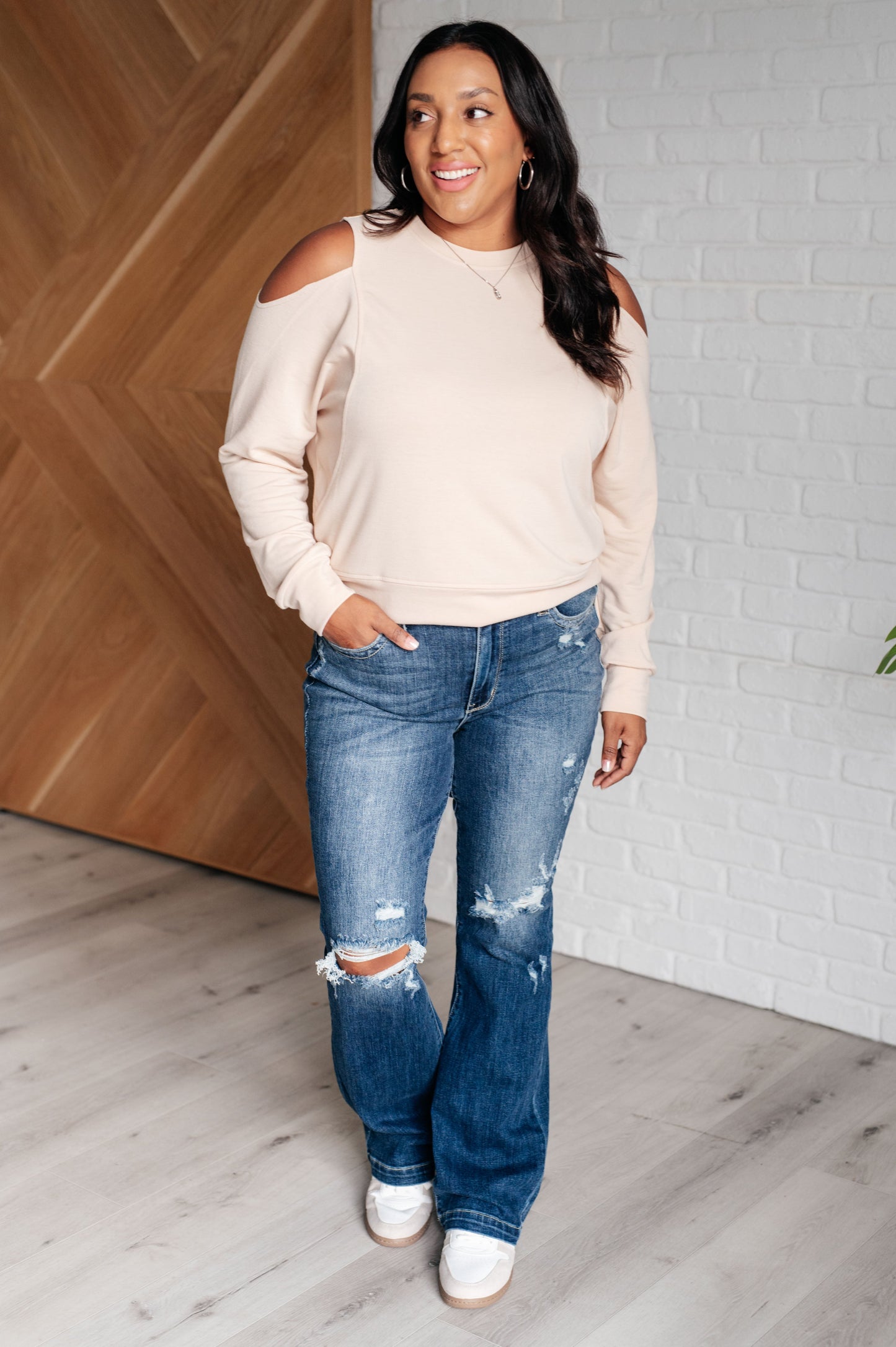 Plus size close-up of Dace Cold Shoulder Blouse neckline and fabric with lightweight French terry.