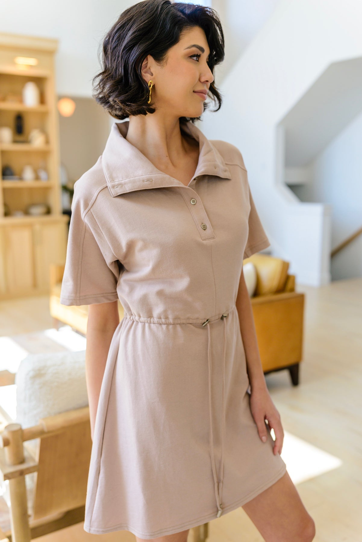 Soft and stylish regular size collared dress in French terry with flattering fit.