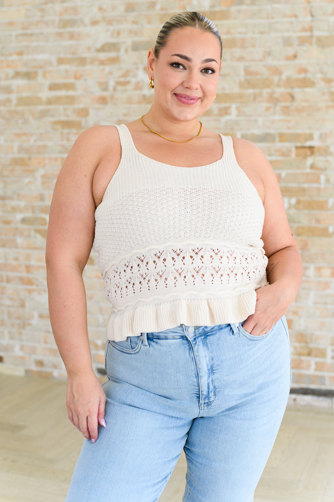 Plus Size Ivory Ruffle Knit Tank – Flattering Sweater Knit, Feminine Trim.