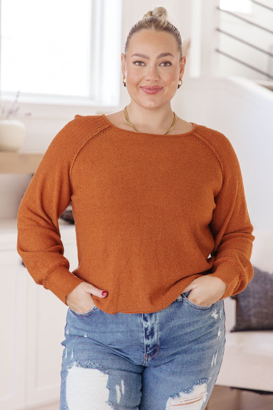 Plus size model front view in Dorothy Rust Pullover Sweater with relaxed fit and seam details