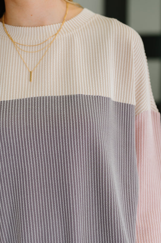 Ribbed knit detail and banded neckline on Jaylani Color Block Pullover