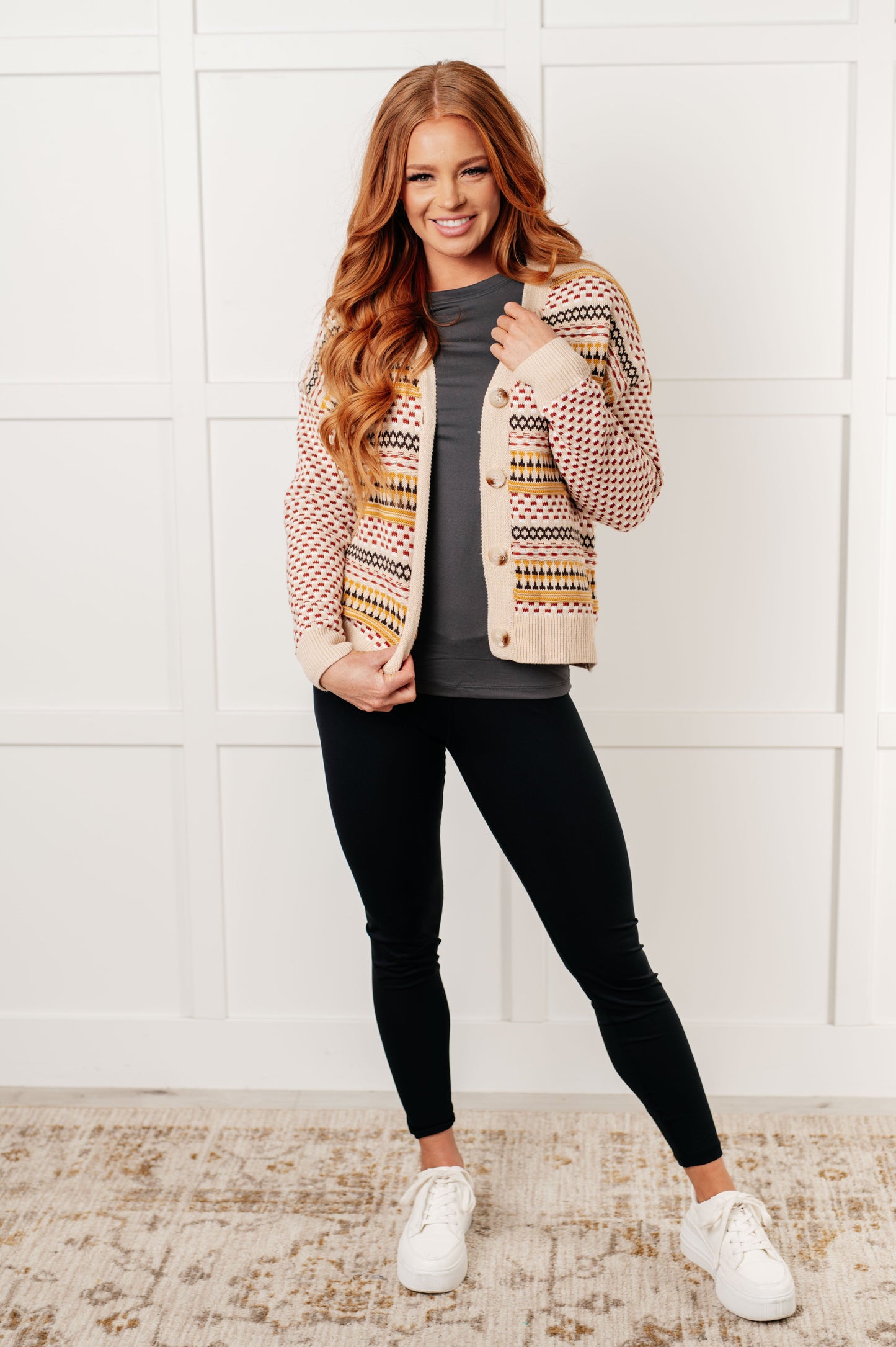 Model wearing Ellie Striped Cardigan paired with leggings, full body view showing casual and stylish everyday look.