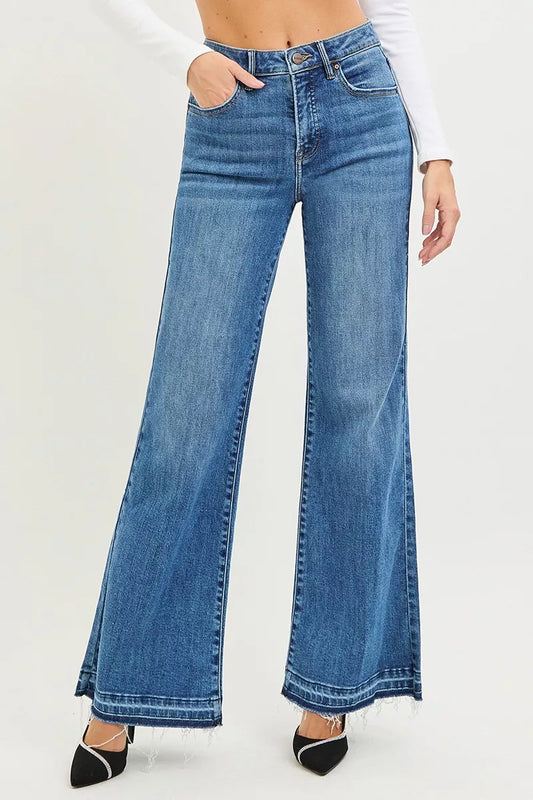 Front view of Elizabeth High Rise Wide Leg Jeans showing flattering high-rise fit.