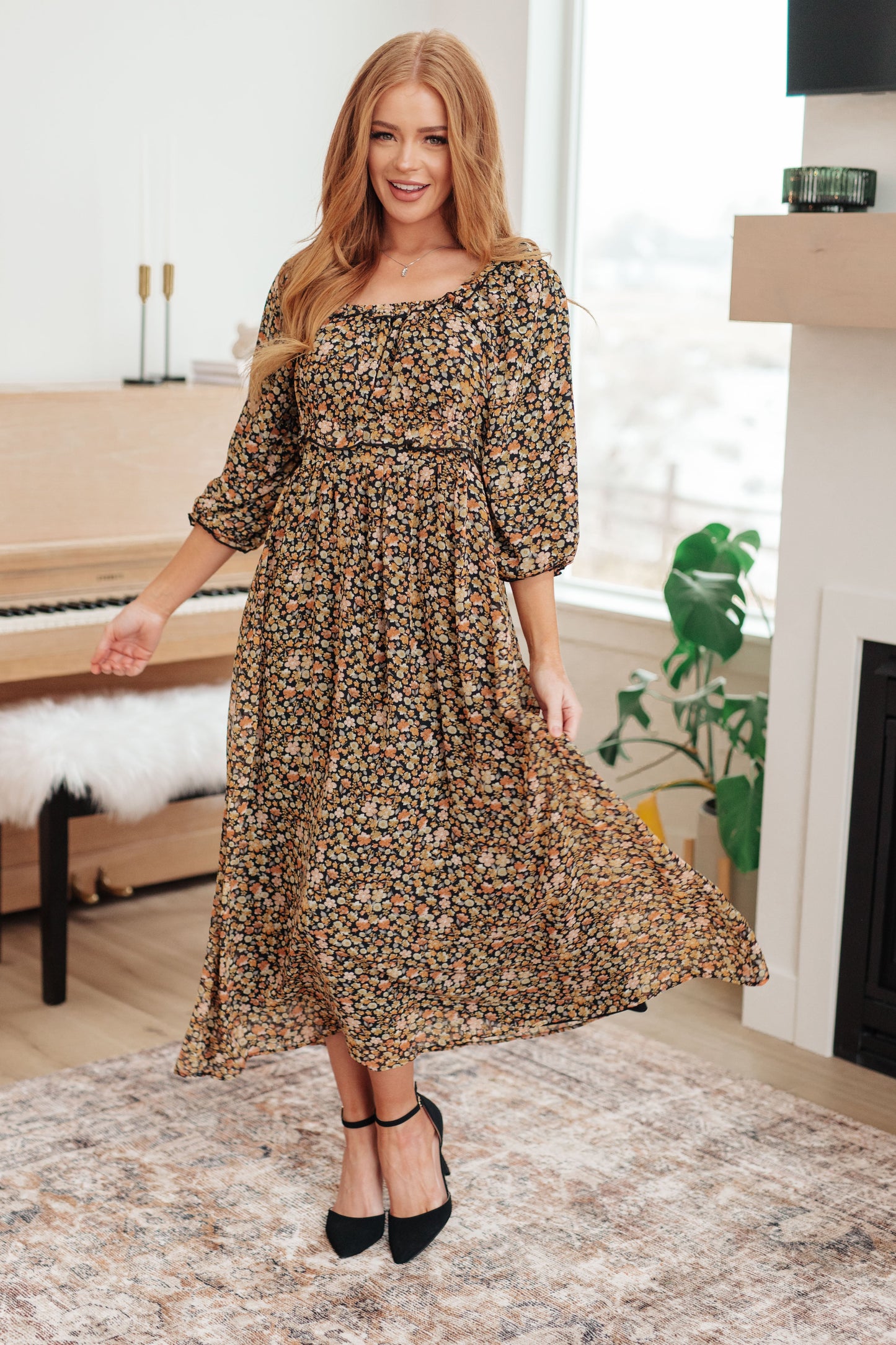 Everette ditsy floral maxi dress with 3/4 sheer sleeves and elastic waist, front angle.