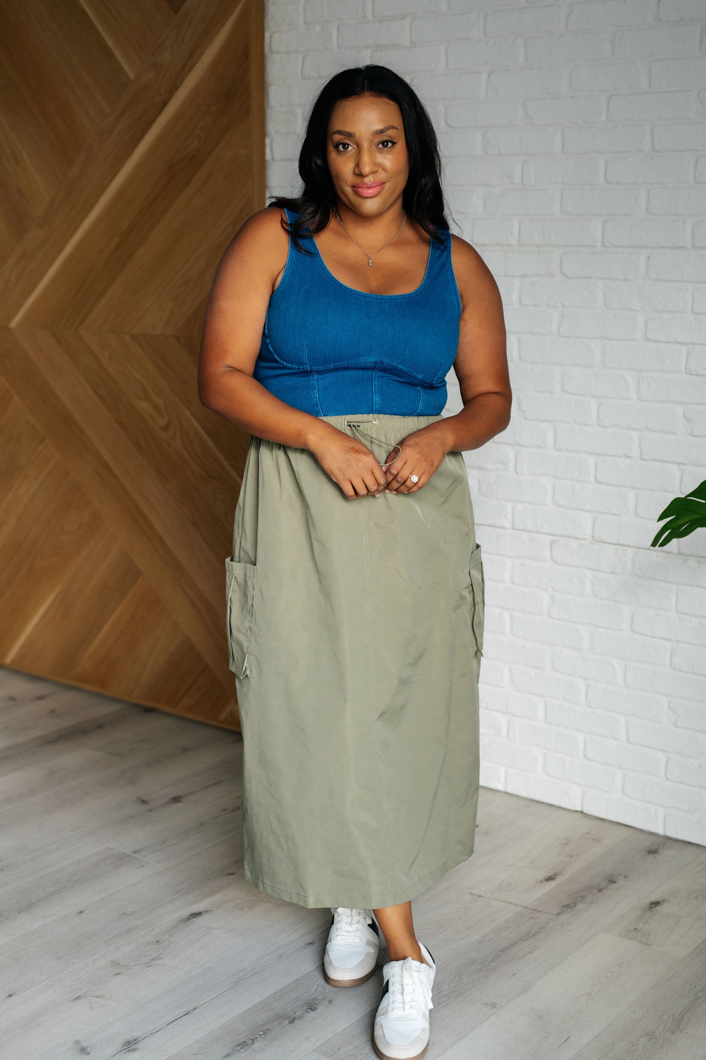Bodhi Cargo Skirt plus size full body view with high rise and midi silhouette