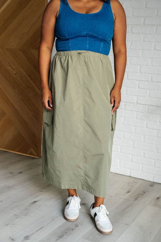 Bodhi Cargo Skirt plus size front view showing khaki midi length design