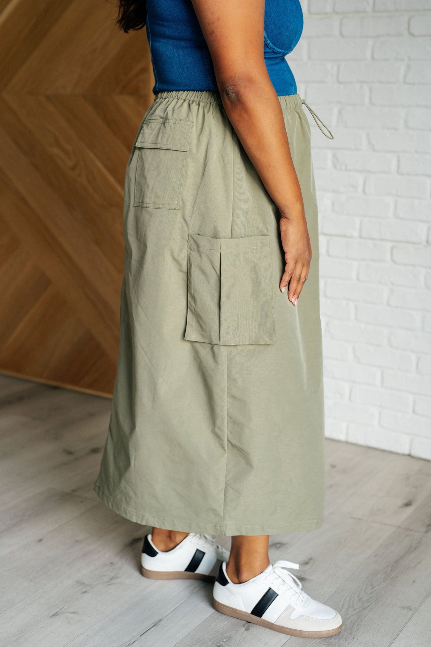 Bodhi Cargo Skirt plus size side view with cargo pocket detail and straight fit