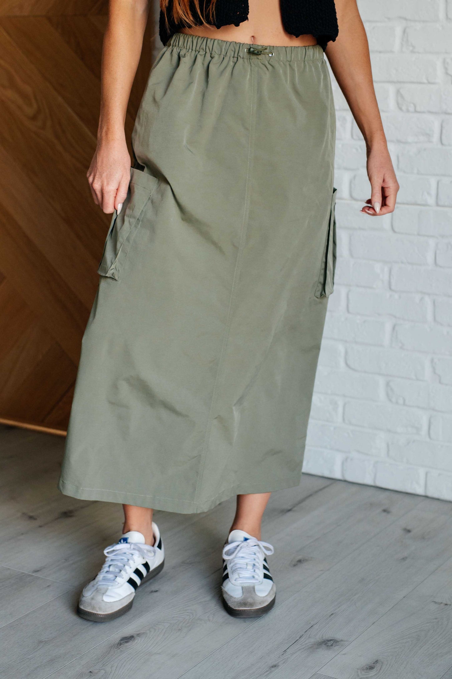 Bodhi Cargo Skirt khaki front view with cargo pockets and toggle waistband