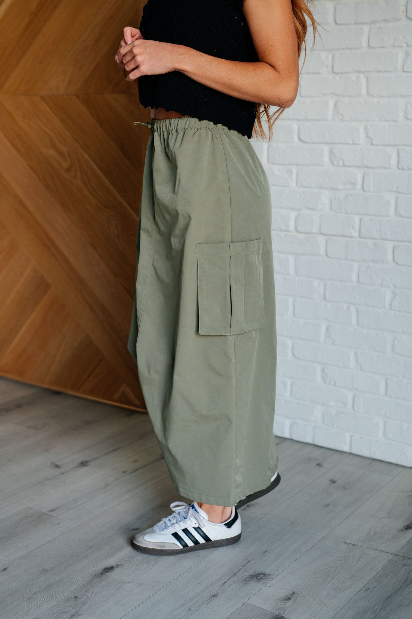 Bodhi Cargo Skirt khaki side view highlighting toggle elastic waistband