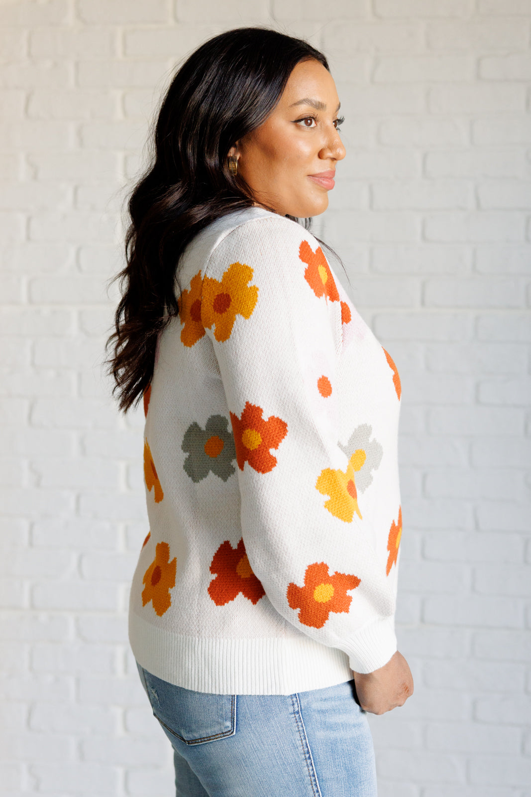 Plus front view Kyla Floral Sweater with ribbed details