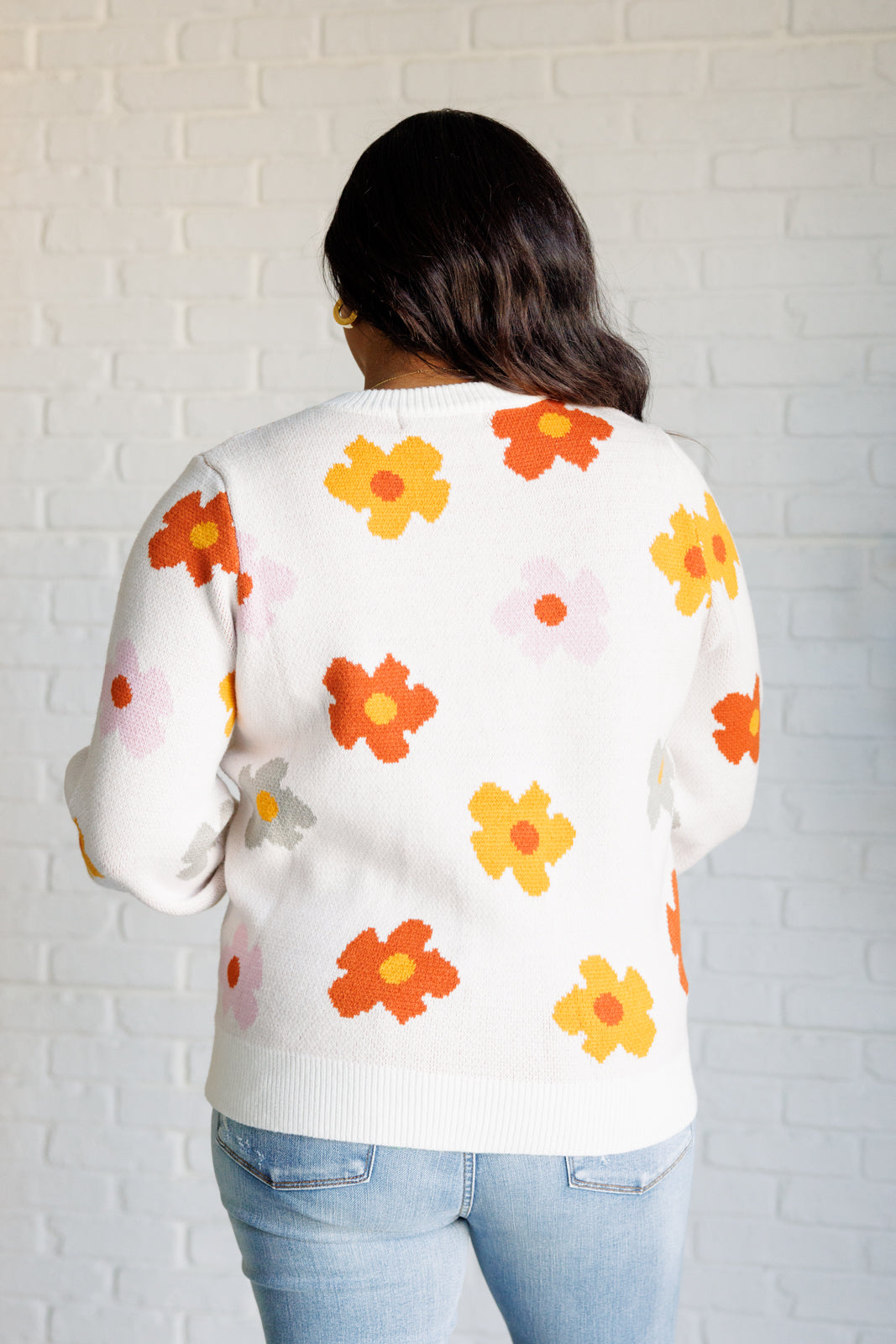 Plus back view Kyla Floral Sweater with floral print and ribbed hem
