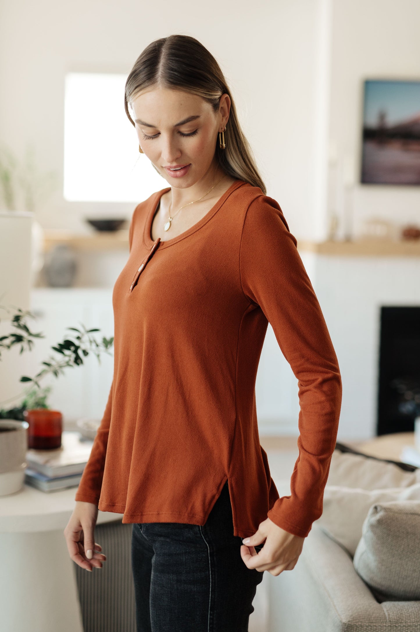 Side profile of Dacia Scoop Neck Henley Top, brushed knit fabric with scoop neckline and long sleeves