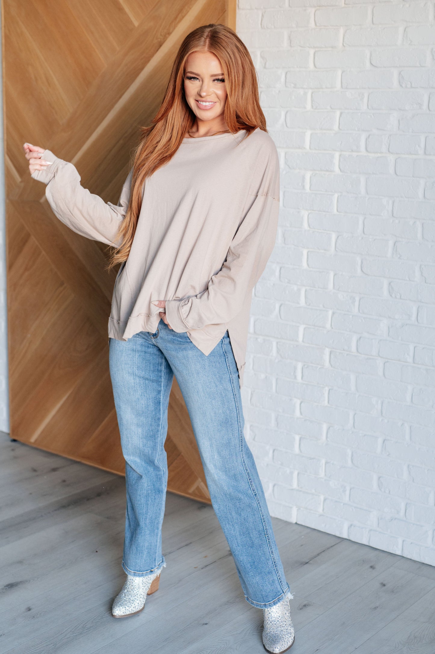 Haven Long Sleeve Top full body beige with side slits and casual stepped hem