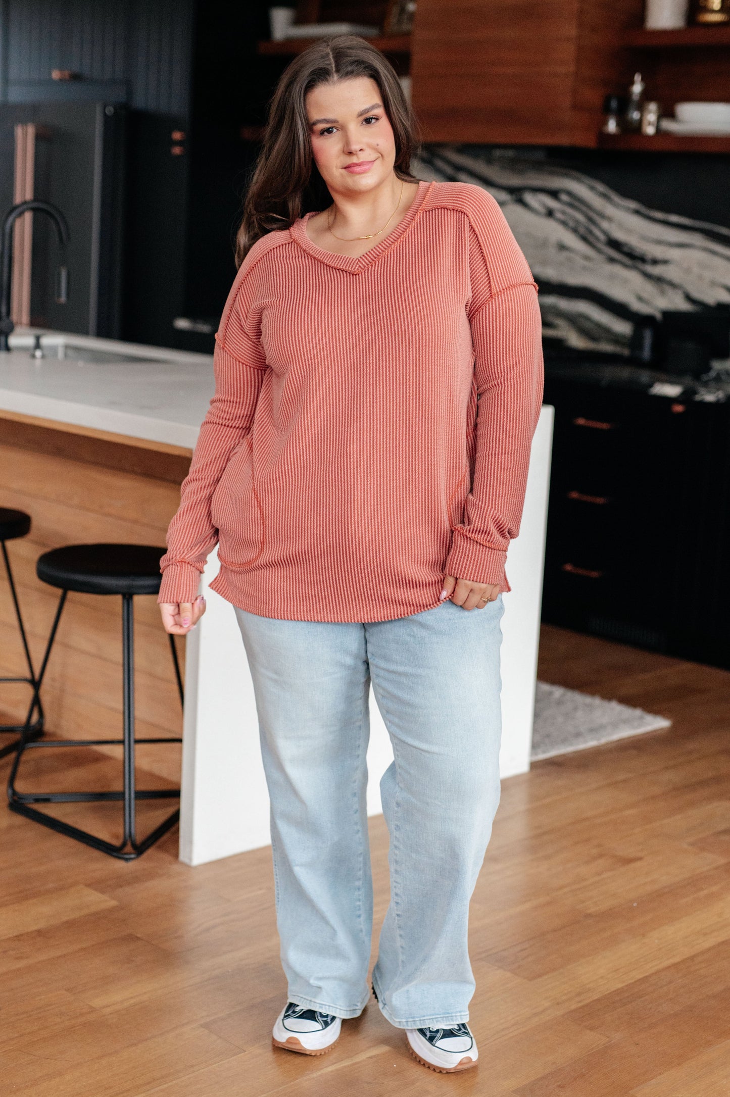Plus size full body view Molly Rib Knit Top with side slits and relaxed fit