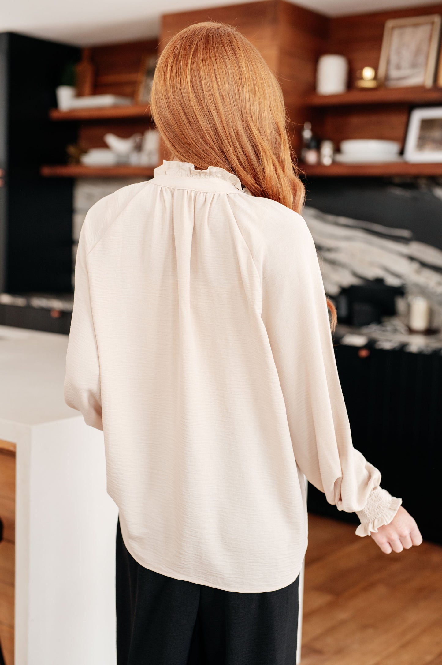 Back view of Florence Button Up Blouse in cream crinkle woven fabric.
