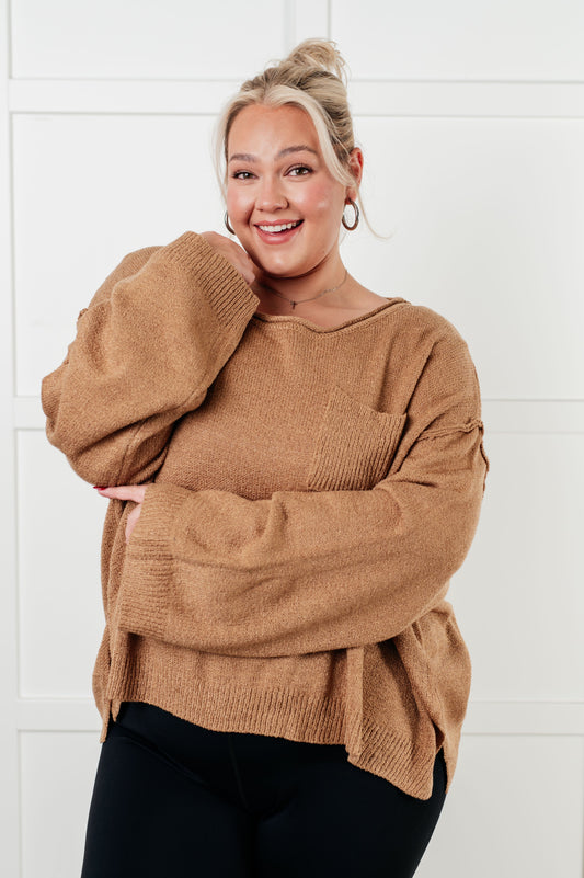 Plus size Gene Boatneck Sweater in tan, front view with wide neckline and relaxed fit.