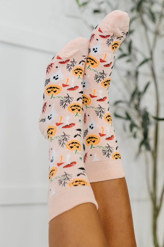 Ghouls Night In Quarter Socks on feet showing playful Halloween design