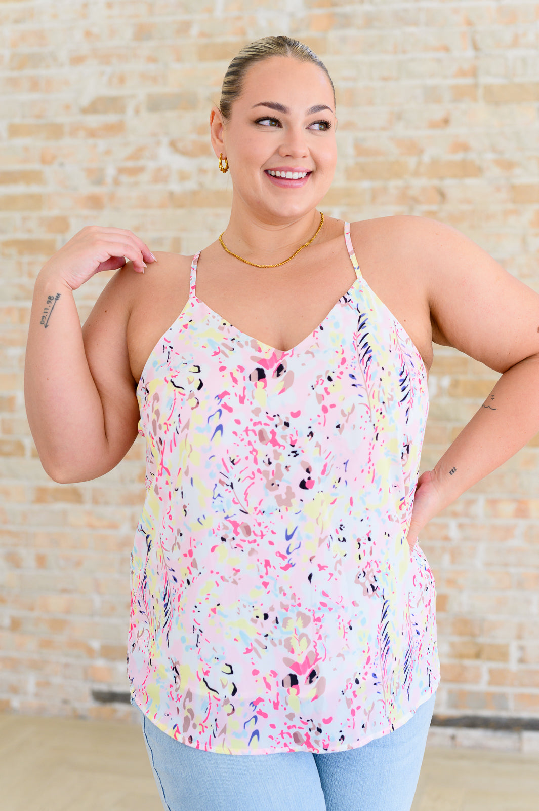 Front view of Scarlett Pink Watercolor Printed Cami showing the beautiful watercolor-style print.
