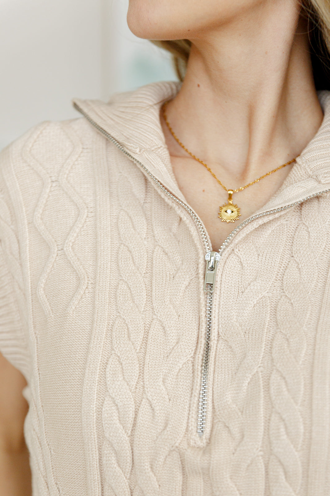 Close up zipper view of Ashton Cable Knit Vest