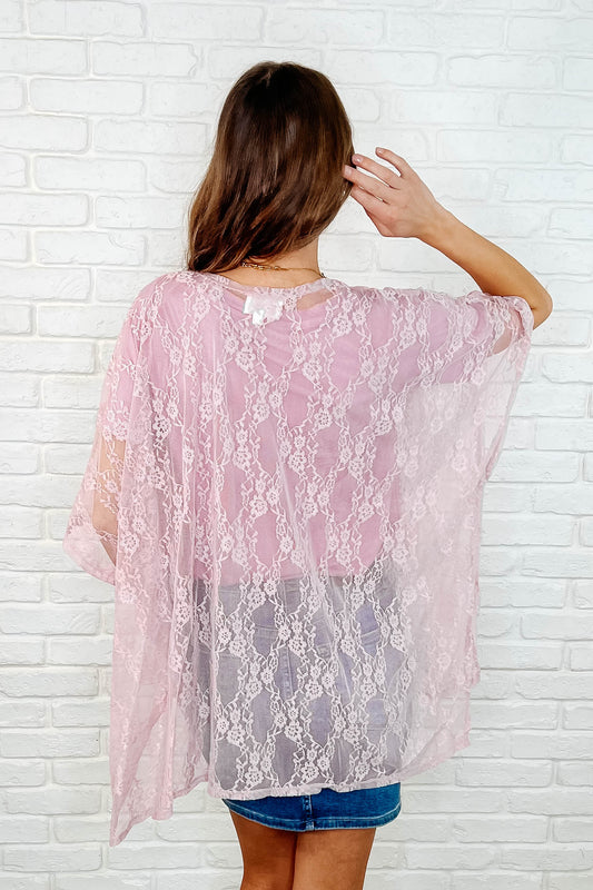Back view of Dakota Lace Kimono in mauve stretch lace, featuring elegant side slits and relaxed silhouette.