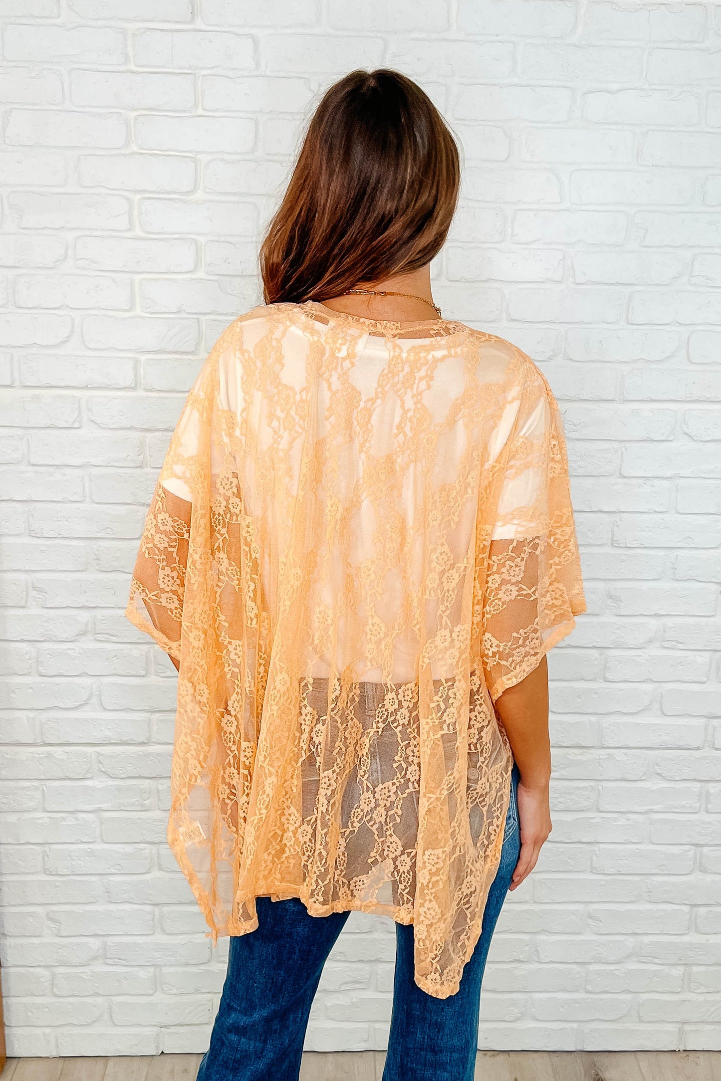 Dakota Lace Kimono in Peach - Open Front, Dolman Sleeves, Stretch Lace