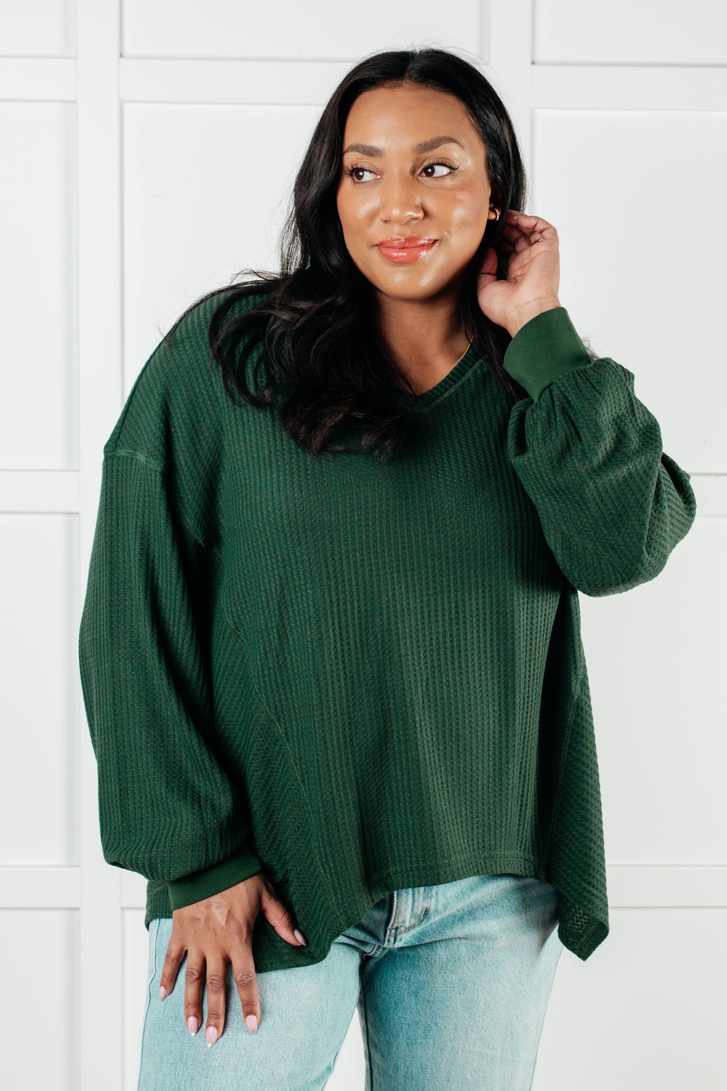 Anneli V-Neck Waffle Knit Top in Green – Chic & Relaxed