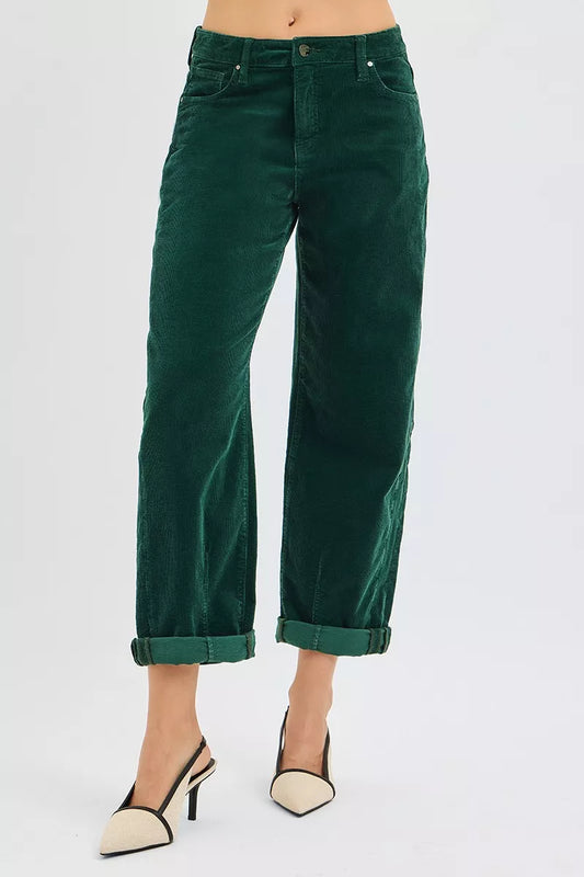 Front view of Greer High Rise Crop Barrel Corduroy Pants in hunter green with flattering retro silhouette.