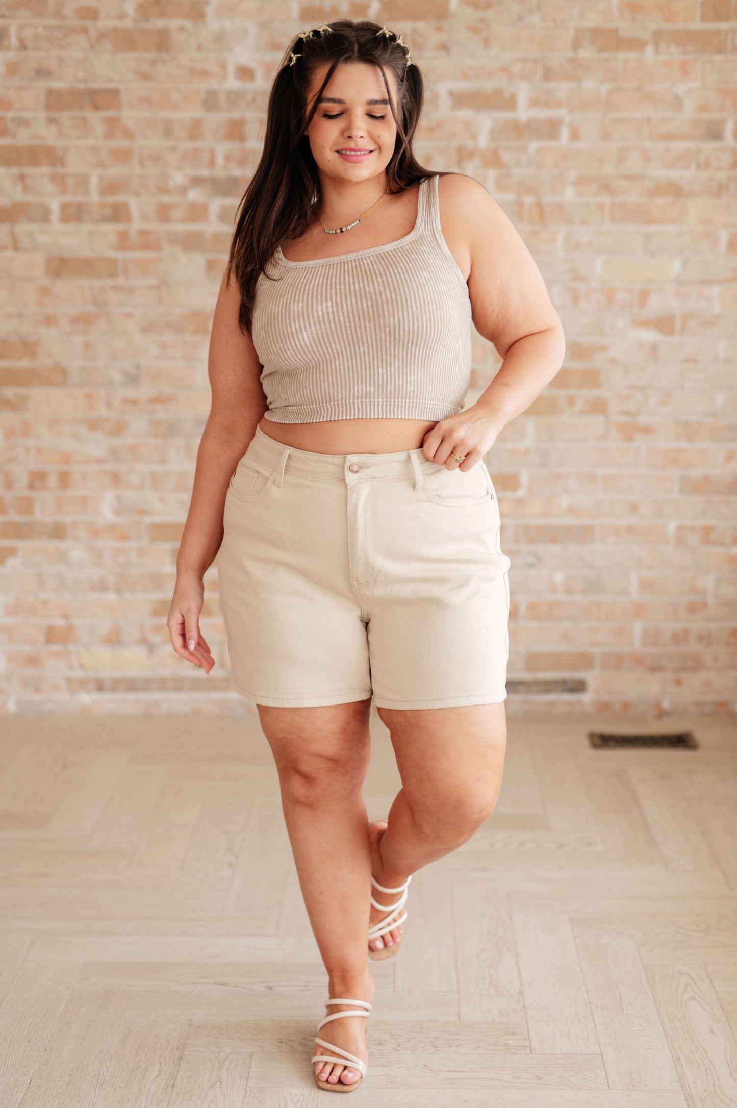 Plus size Judy Blue Greta shorts in bone khaki, high rise fit with comfortable 4-way stretch.