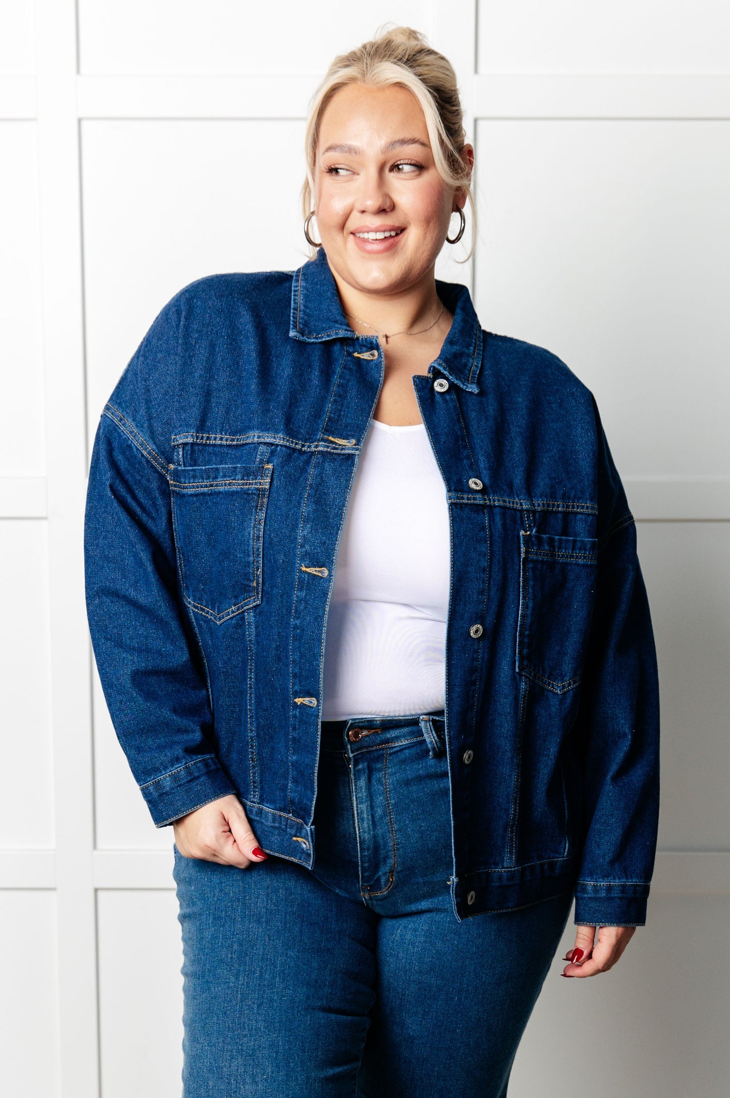 Portia Oversized Denim Jacket Plus front view showing oversized fit and button closure