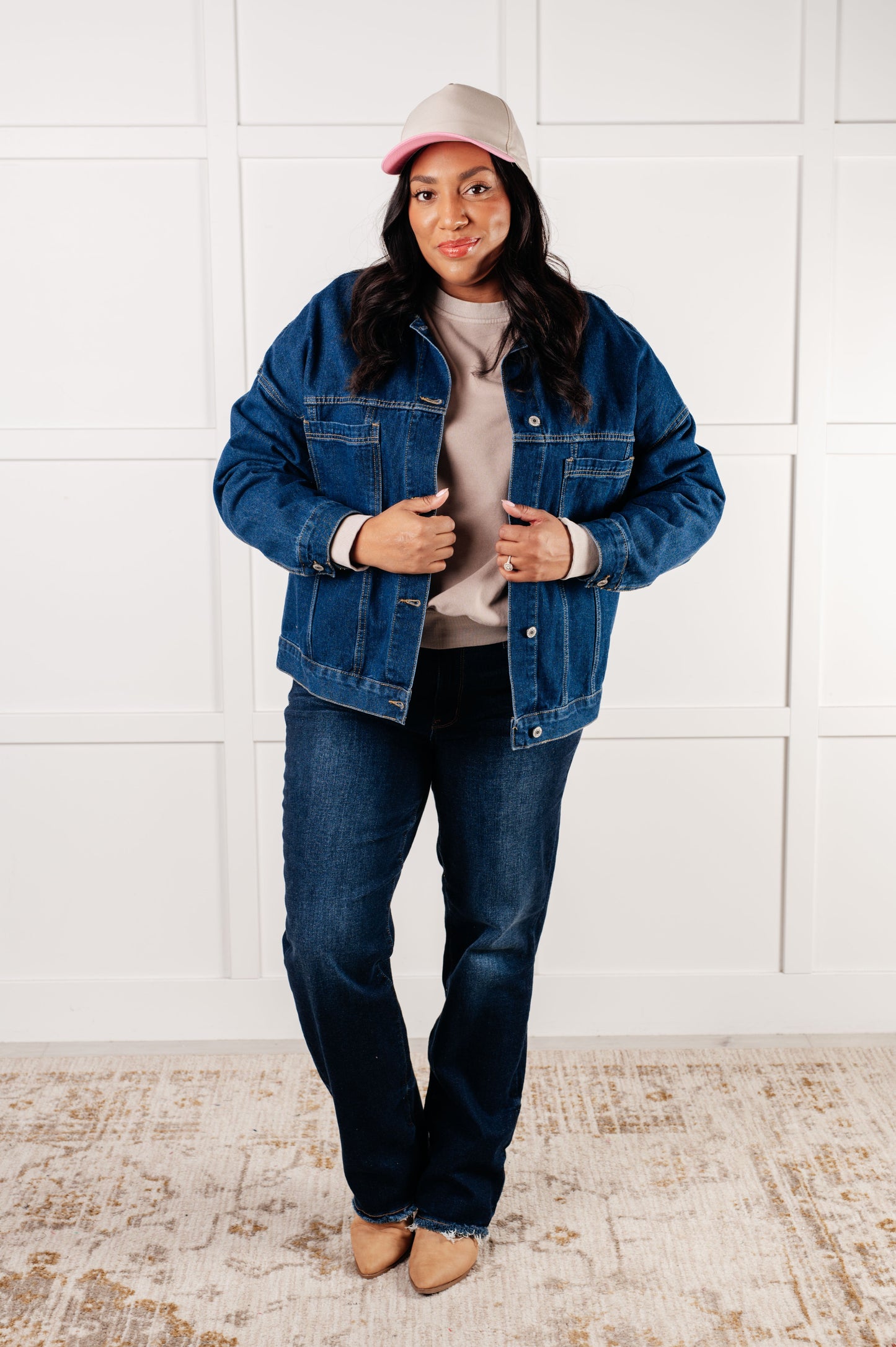 Portia Oversized Denim Jacket Plus full body styled with jeans for casual layered look