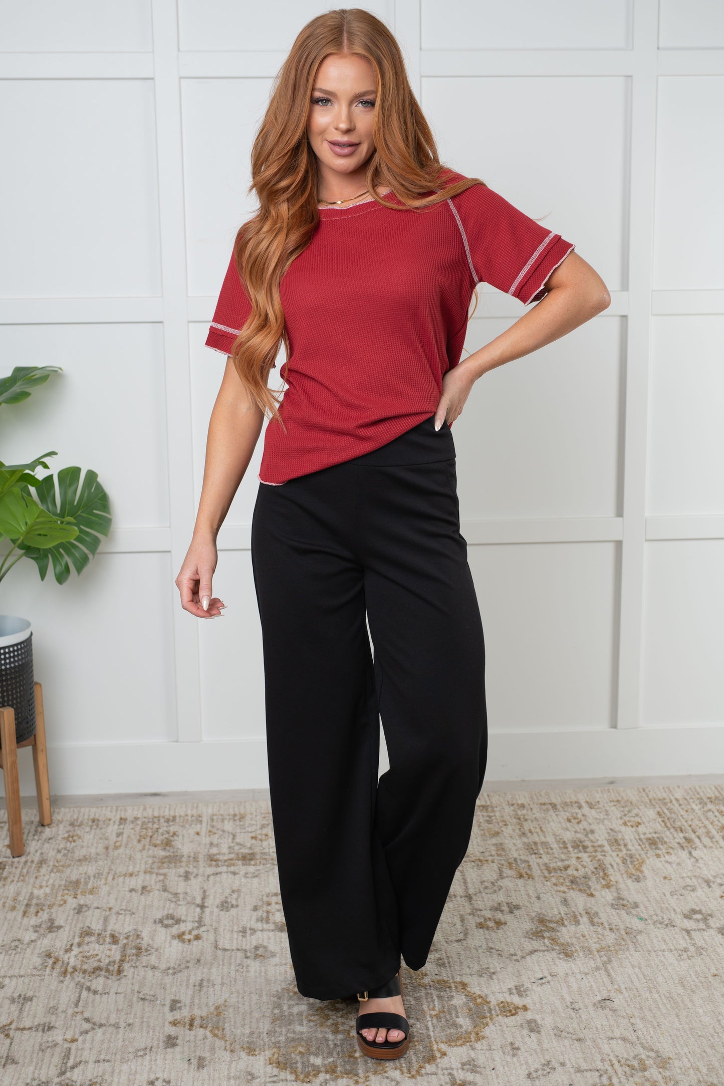 Full body view of Jaylee Waffle Knit Tee, textured knit fabric in cranberry with contrast stitching