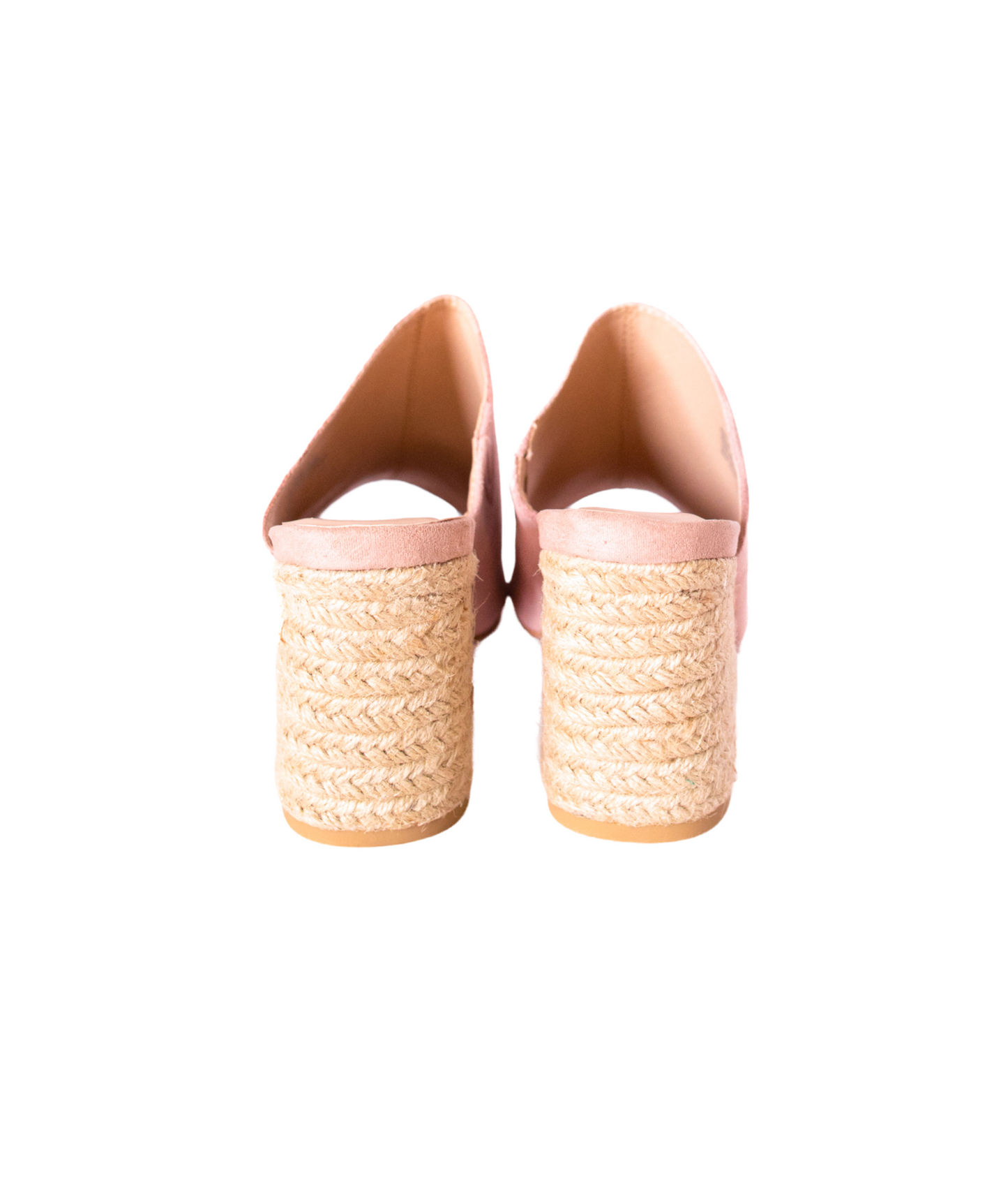 Helena Blush Suede Sandals highlighting braided raffia-covered 3" heel and side suede detail