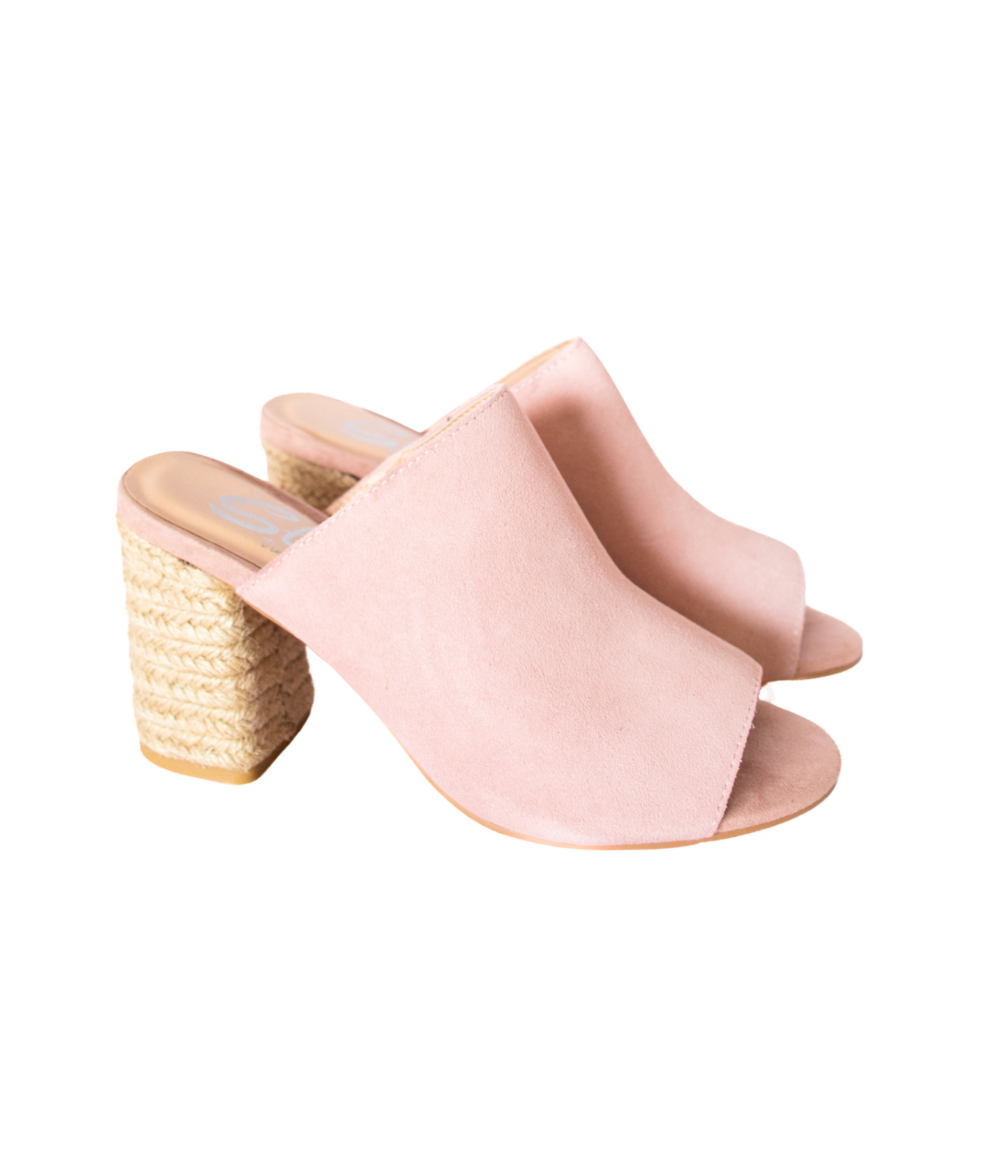 Helena Blush Suede Sandals highlighting blush suede straps, raffia block heel, and sleek side profile