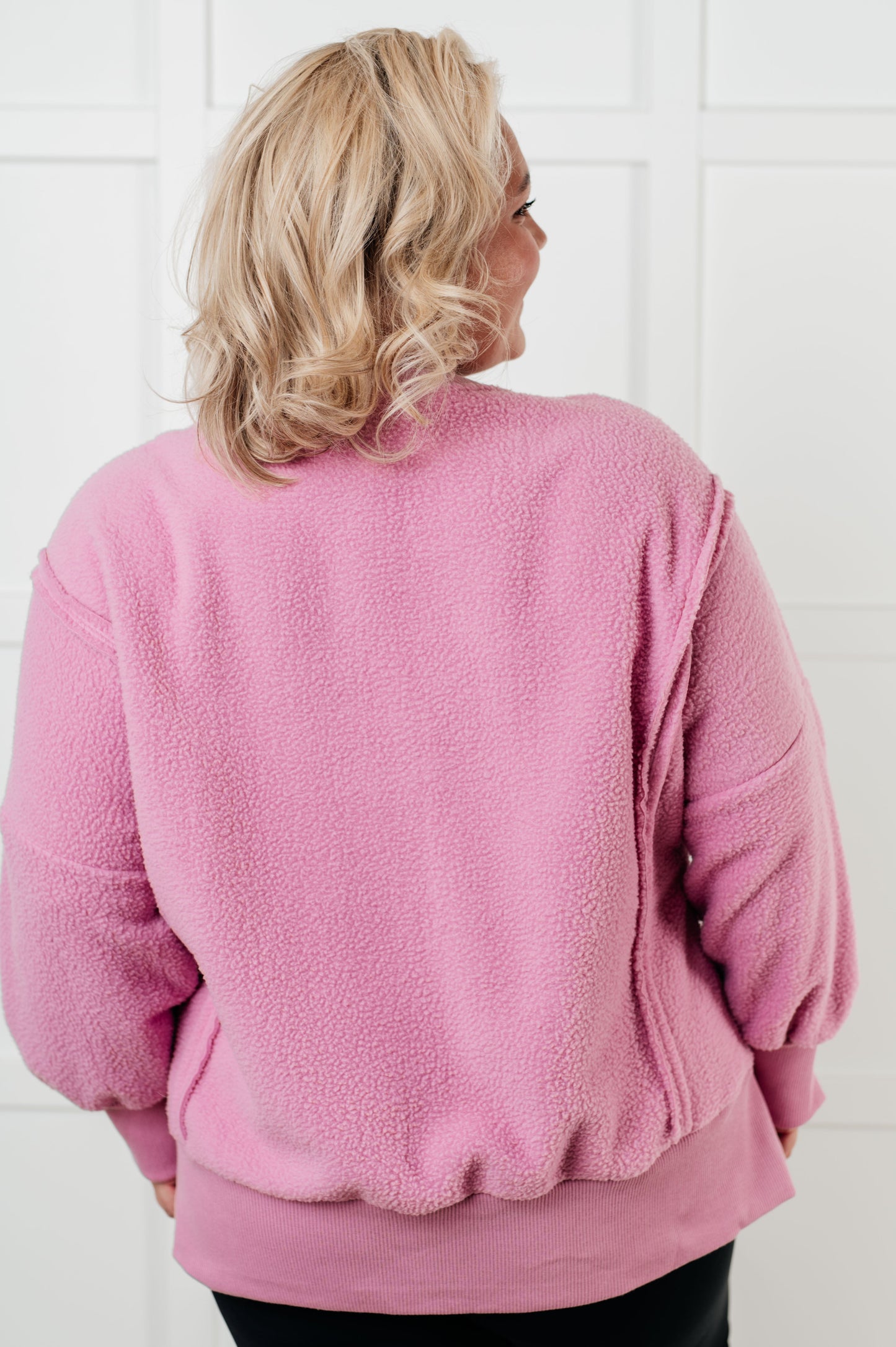 Plus size back view of Danna Fleece Pullover, oversized fit and drop shoulder