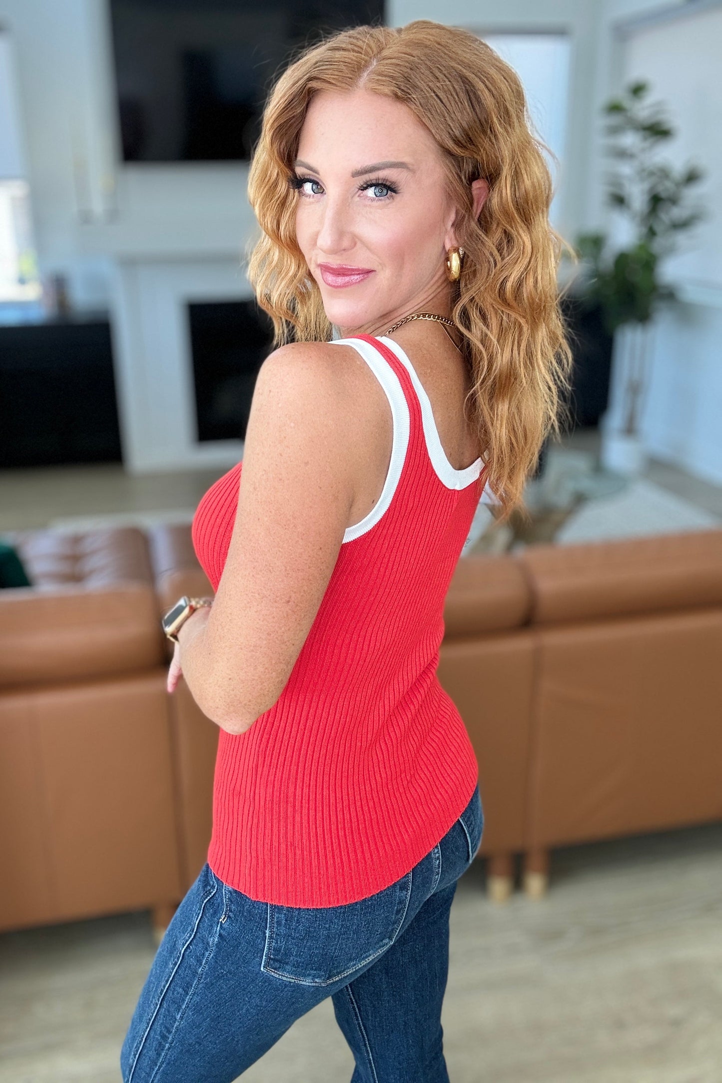 Back angle of Chandler ribbed red tank with contrast trim, sporty fit.
