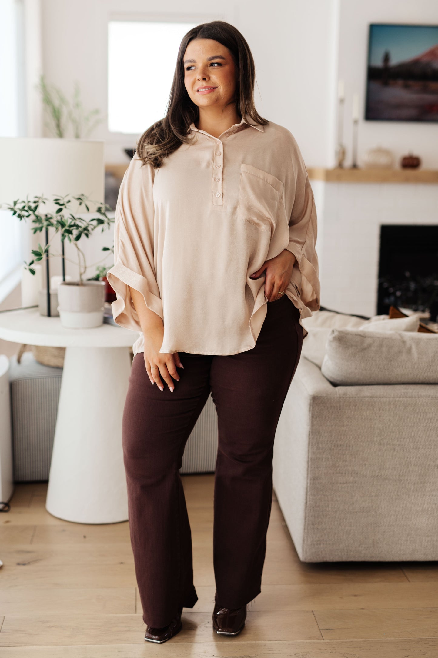 Plus size full body front view with Ruth champagne oversized dolman top and trousers