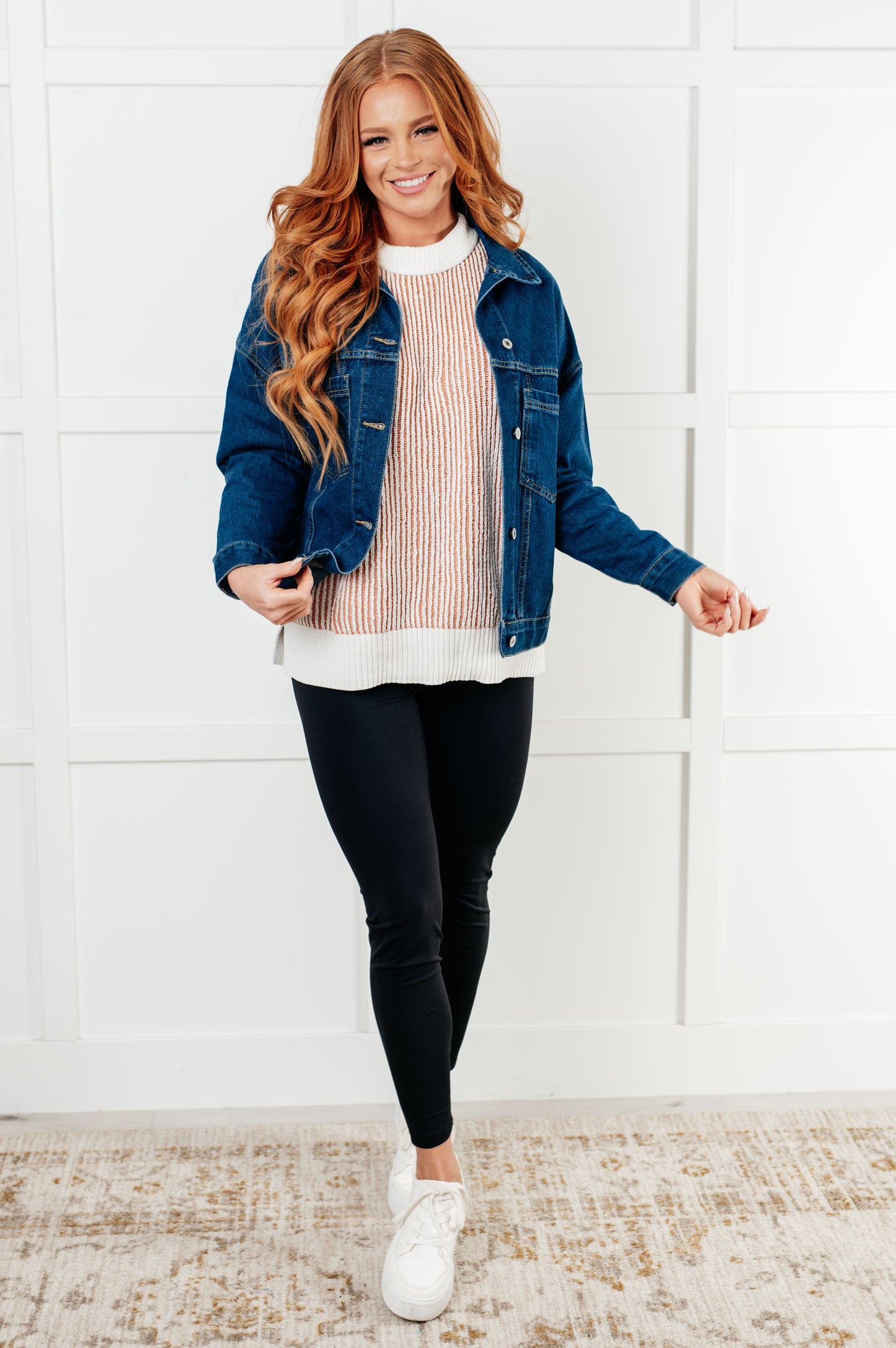 Portia Oversized Denim Jacket full body styled with dress showing oversized fit and button closure