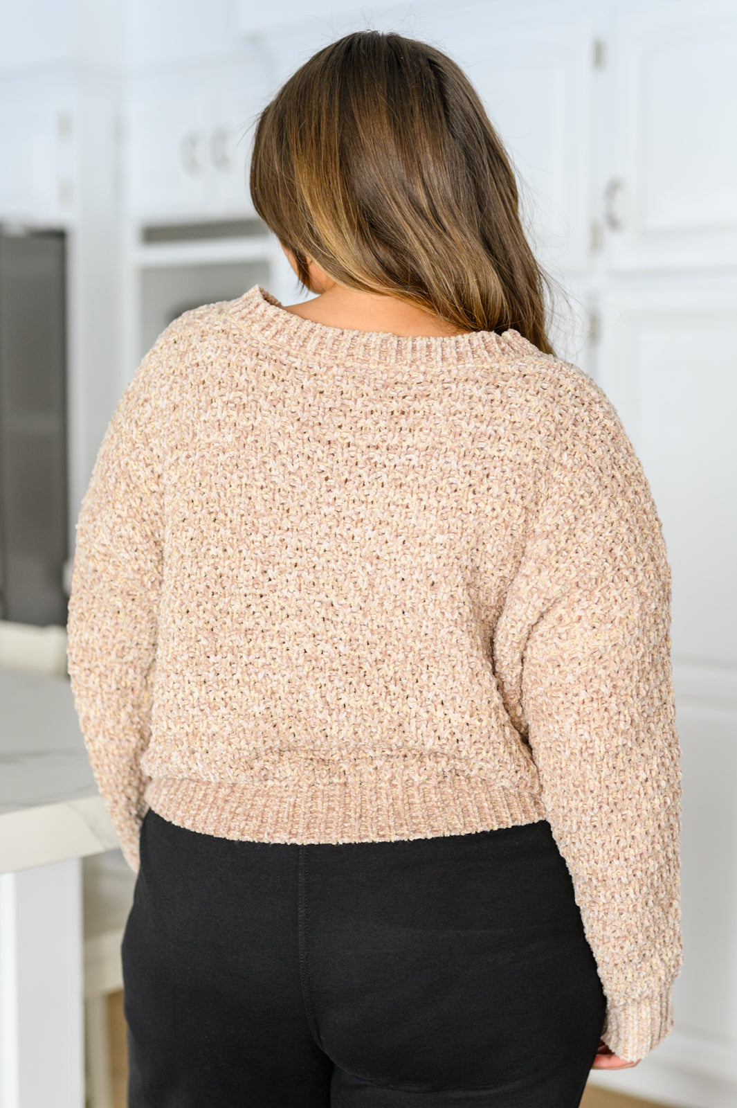 Plus size back view of Irene Chenille Crop Sweater in coffee with ribbed hem and relaxed cropped silhouette.