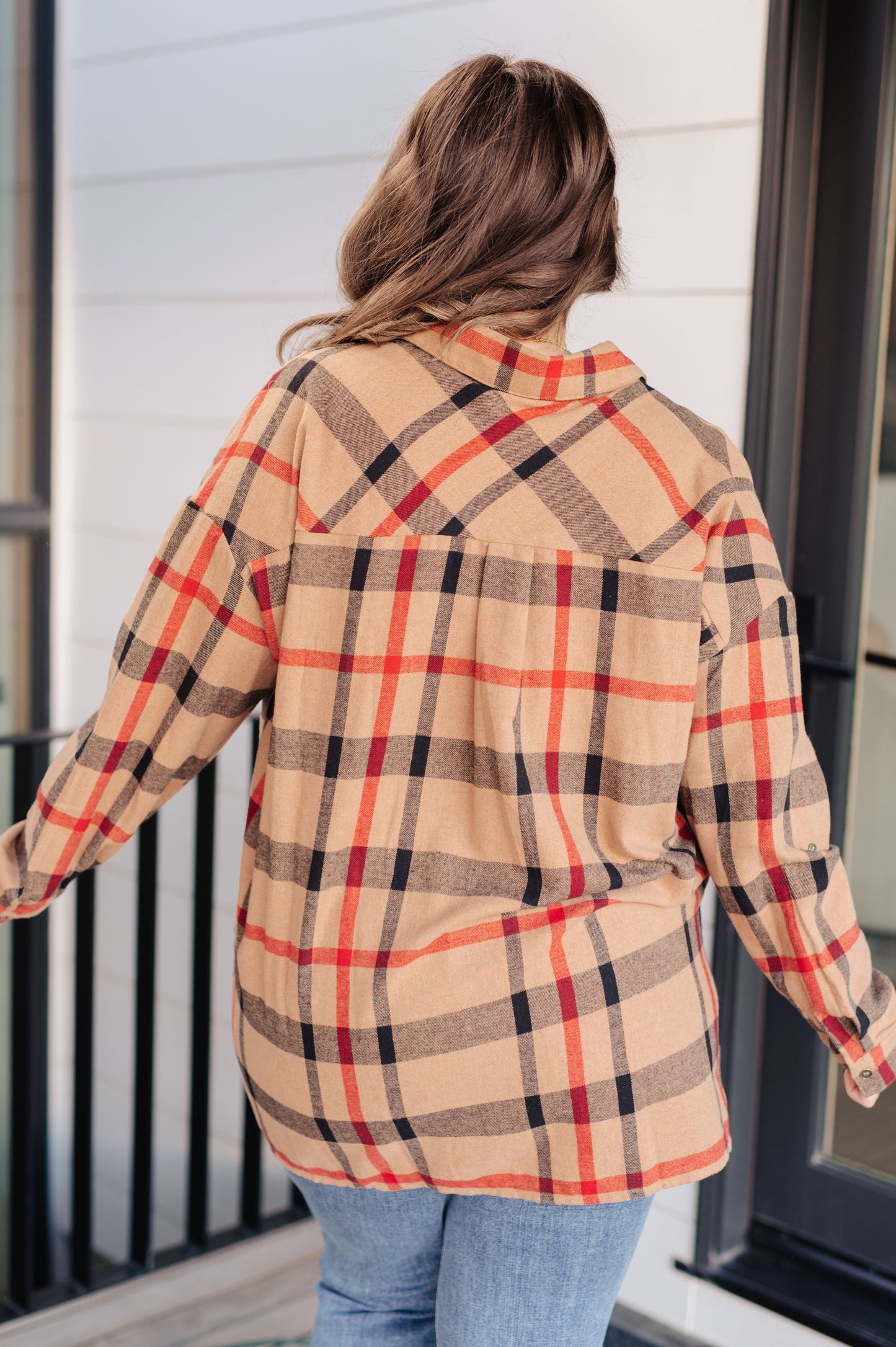 Mae Oversized Plaid Button Up plus size back view camel plaid pattern