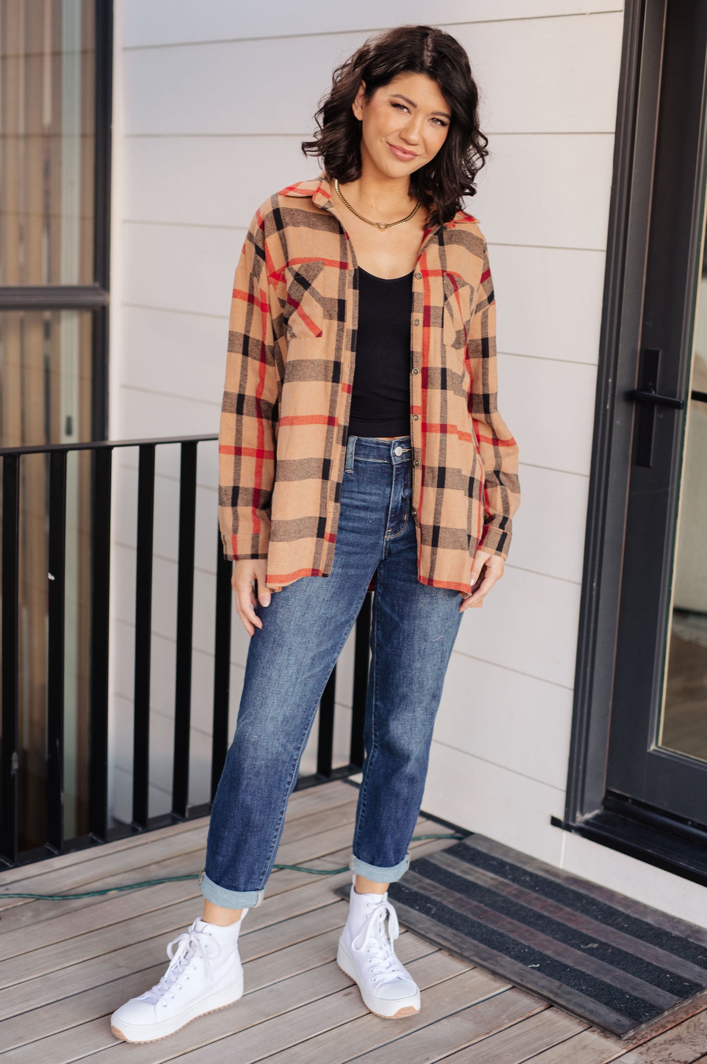 Mae Oversized Plaid Button Up full body look with jeans and sneakers